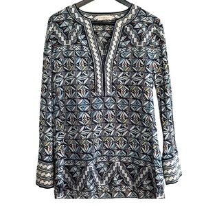 Tory Burch Tunic Navy Blue Long Sleeve Size Small  Geometric Floral Print S